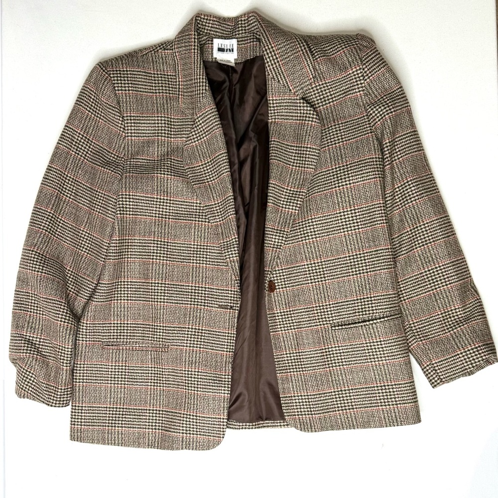 Vintage Leslie Fay Plaid Houndstooth Blazer in Brown Size 18